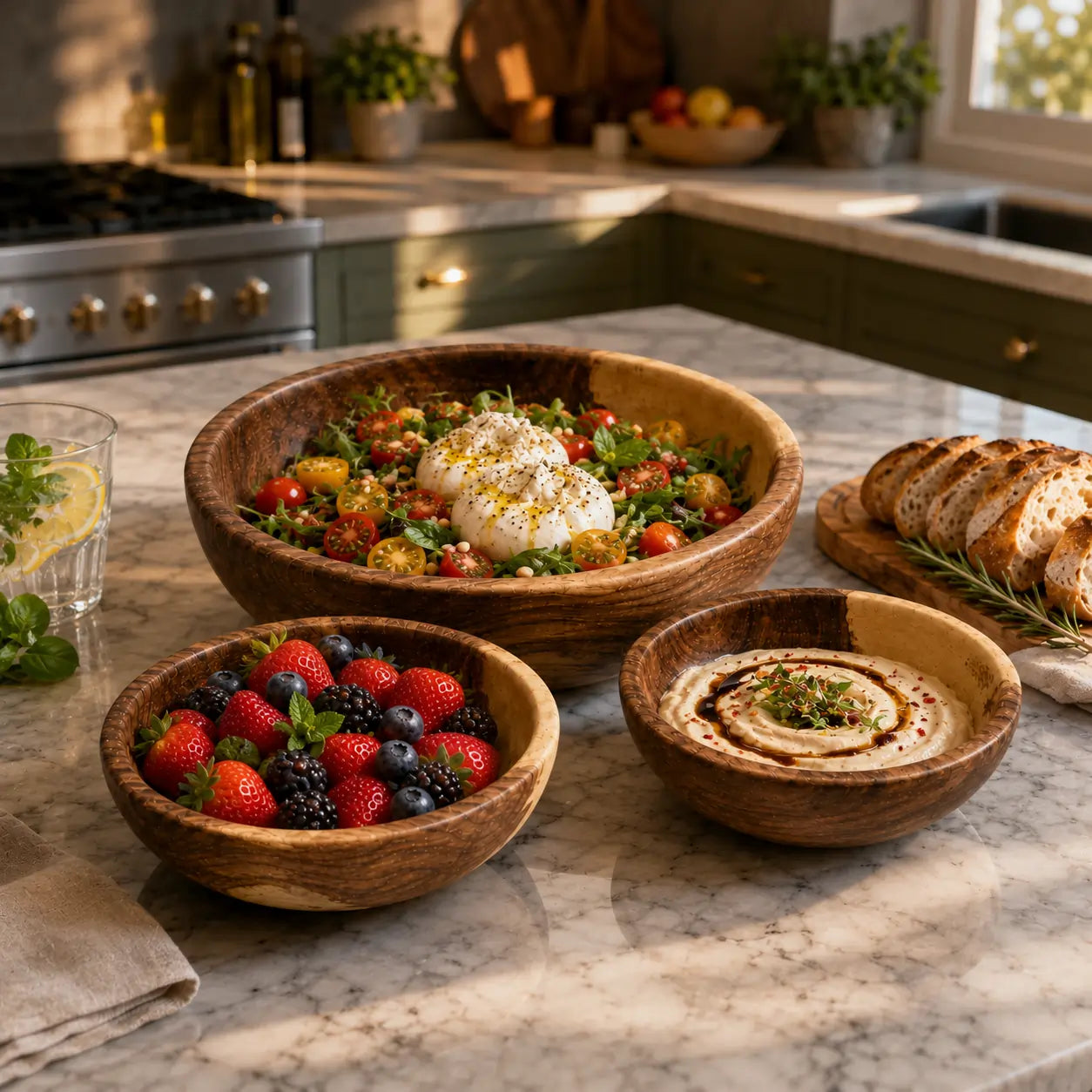 Set of 3 Natural Wooden Serving Bowls