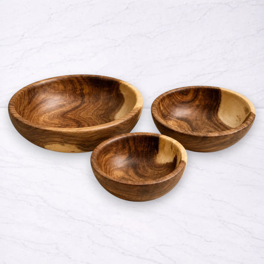 Set of 3 Natural Wooden Serving Bowls